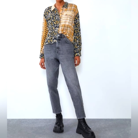 Zara Contrast Print Floral Plaid Button Front Blouse - Picture 3 of 11